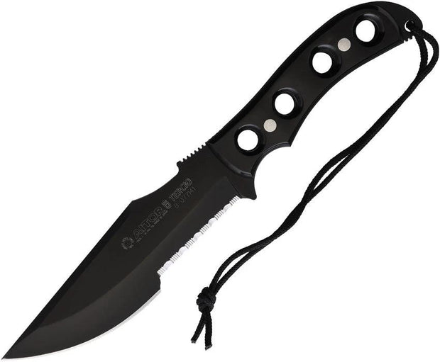 Aitor Tercio Fixed Blade Knife For Outdoor Survivalists Rugged Black Coated Partially Serrated Stainless Full Tang by Aitor