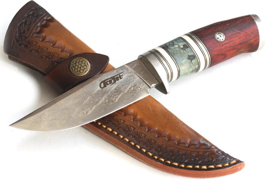 ACEJET Damascus SanMai Hunter 7380 Knife With 4.5 Inch Blade Premium Brown Wood Handle Belt Sheath For Outdoor Hunters by ACEJET