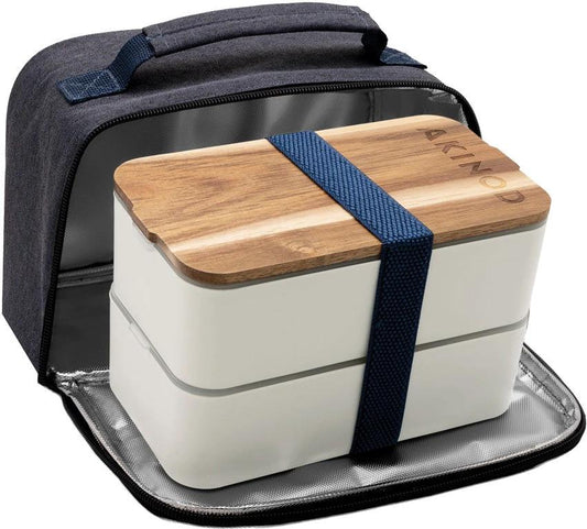 Akinod Bento Lunch Bag Blue 1.4L Leakproof Double Compartment With Acacia Wood Lid Cutting Board For Office Professionals by Akinod