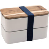 Akinod Bento Lunch Bag Blue 1.4L Leakproof Double Compartment With Acacia Wood Lid Cutting Board For Office Professionals by Akinod