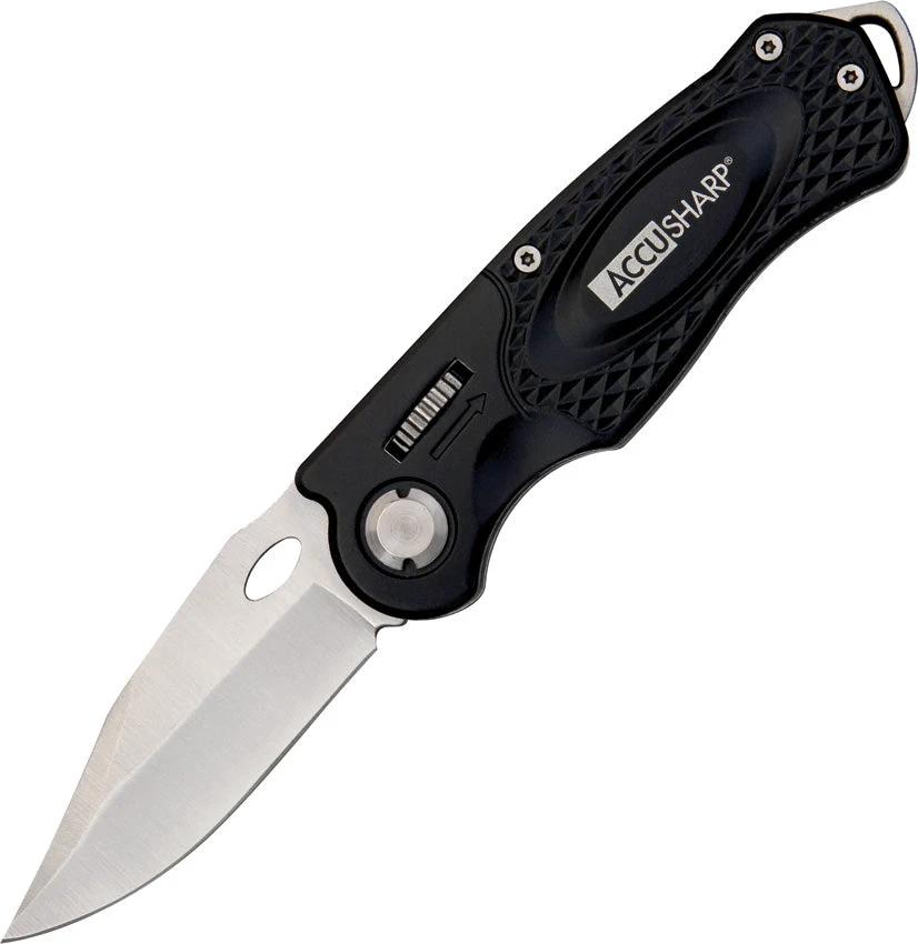 AccuSharp Wheel Lock Black 703C Folding Knife With 2.5 Inch Satin Clip Point Blade Aluminum Handle Glass Breaker by AccuSharp