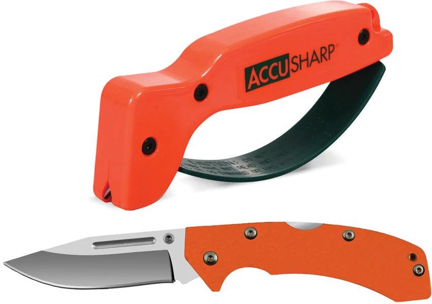 AccuSharp Lockback Knife And Sharpener Combo 716C With Orange G10 Handle 3.25 Inch Satin Finish Blade 4.5 Inch Closed by AccuSharp