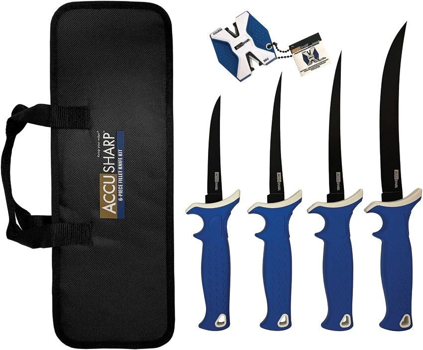 AccuSharp Six Piece Fillet Knife Kit 737C Black Titanium Blades Blue Handles Includes Four Fillet Knives And Sharpener by AccuSharp