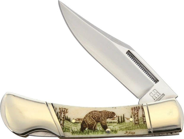 Bear Lockback Knife Alaska Scrimshaw ASC1 For Collectors With Bone Handle And Mirror Clip Point Blade by Alaska Scrimshaw Connection