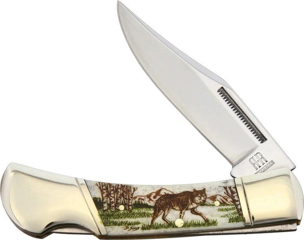Alaska Scrimshaw Connection Wolf Lockback ASC2 Knife With Bone Handle Collectors Edition Limited by Alaska Scrimshaw Connection