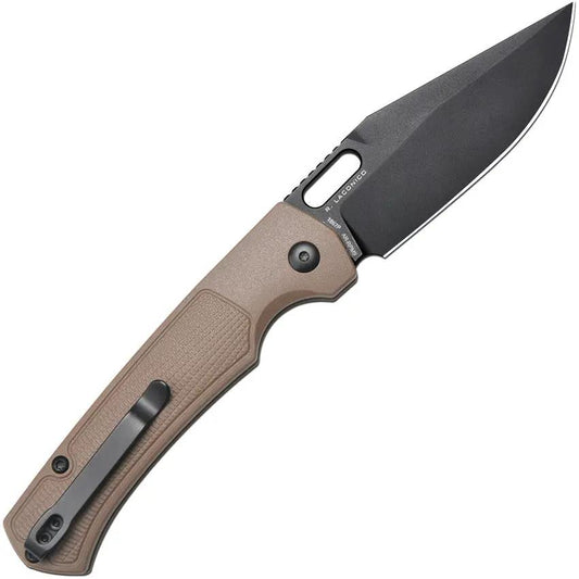 Artisan Revel Button Lock Knife EDC 4.5in Closed 3.5in Black PVD AR RPM9 Stainless Clip Point Blade FRN Brown Handle by Artisan
