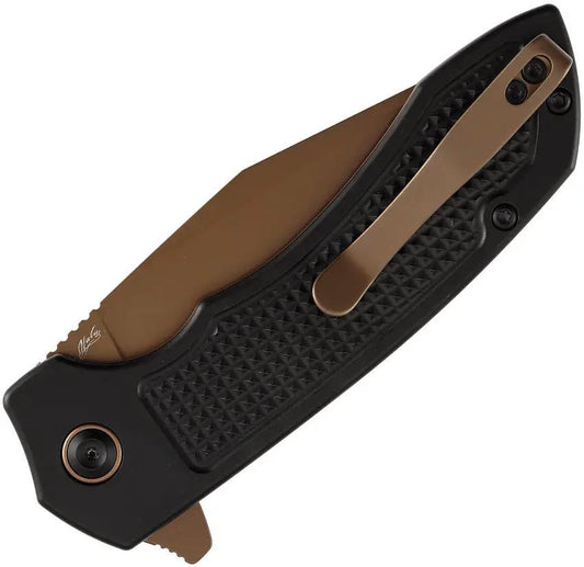Tenable Knives Entity Button Lock Rose Gold B1036F1 - 3.5 Inch 14C28N Sandvik Blade With Black Checkered Aluminum Handle by Tenable Knives