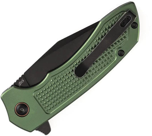 Tenable Knives Entity Button Lock - Green Aluminum Handle 3.5 Inch BlackWash Drop Point Blade 14C28N Sandvik by Tenable Knives