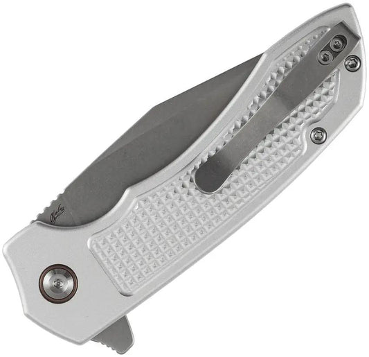 Tenable Knives Entity Button Lock Knife 3.5 Inch Sandvik 14C28N Drop Point Blade Silver Checkered Aluminum Handle by Tenable Knives