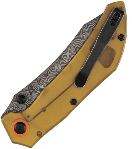 Tenable Knives Tipper Linerlock - Amber PEI Handle With Damascus Ripple Blade And Thumb Stud Pocket Clip by Tenable Knives