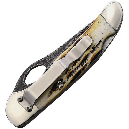 Bear And Son Cowhand Lockback Damascus Blade EDC Knife For Outdoorsmen With Stag Bone Handle by Bear & Son