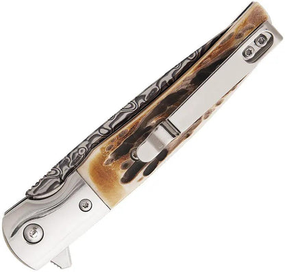 Bear And Son Rancher Sideliner Damascus Blade Folding Knife For Outdoorsmen Premium Stag Bone Handle by Bear & Son