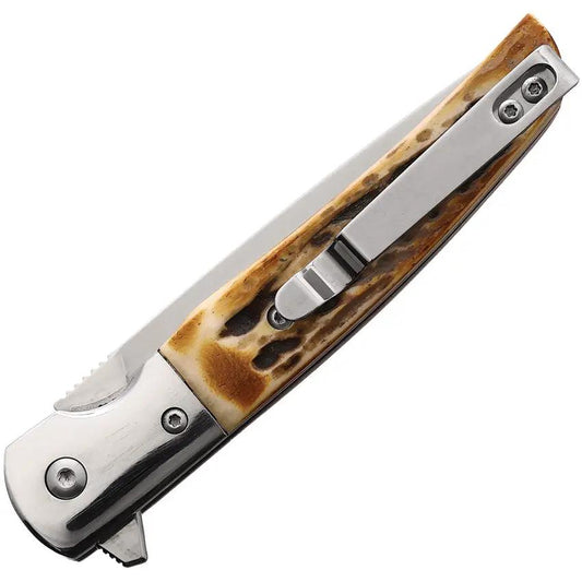 Bear And Son Rancher Linerlock Stag Bone Folding Knife For Outdoor Enthusiasts 4.25in Closed 3.25in D2 Blade by Bear & Son