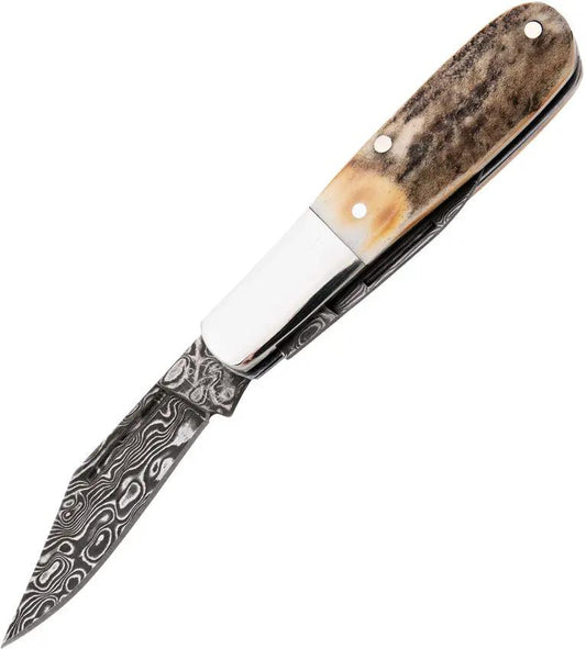 Bear And Son Baby Barlow Damascus Blades Pocket Knife With Stag Bone Handle Handcrafted For Collectors by Bear & Son