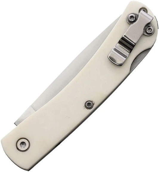 Bear And Son Small Lockback Knife White Bone Handle Premium Satin Blade Pocket Clip EDC Ready by Bear & Son
