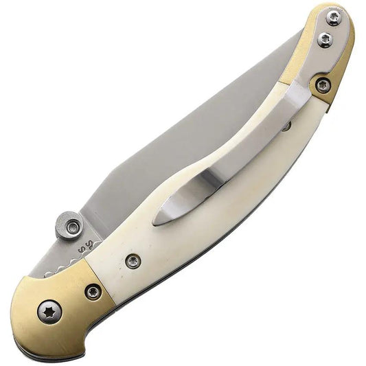 Betyar Fejesgorbe Linerlock EDC Knife With Satin 440 Blade Bone Handle Brass Bolsters Pocket Clip For Outdoors by Betyar