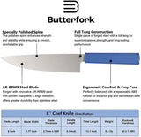 Butterfork Pro Blue 8 Inch Chef Knife AR RPM9 Stainless Full Tang Dishwasher Safe With Oak Sheath For Home Cooks by Butterfork
