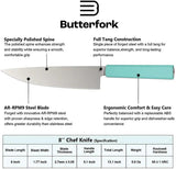 Butterfork Mint Green Premium Chef Knife 8 Inch AR RPM9 Blade Full Tang Dishwasher Safe with Oak Sheath for Home Cooks by Butterfork