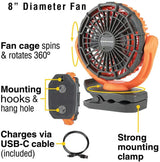 BlackFire Rechargeable Clamp Fan 8in With 360 Degree Rotation USB Charge Strong Clamp For Workshop 9h Low Runtime by BlackFire