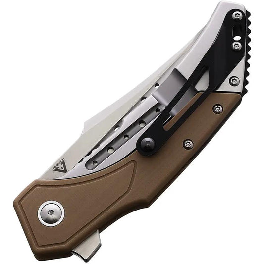 Begg Knives Astio Framelock EDC Knife Tan G10 Handle D2 Satin Tanto Blade Extended Tang by Begg Knives
