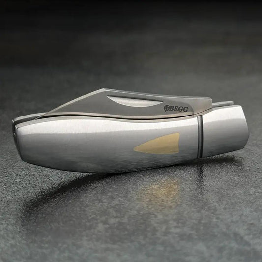 Begg Knives Sheepfoot Mini Slip Joint BG046 Satin 14C28N Blade Stainless Handle Brass Shield EDC Compact by Begg Knives