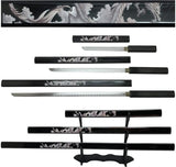 Bishamon Samurai Sword 3 Piece Set Stainless Blade Katana Wakizashi Tanto for Collectors Dragon Artwork Display Stand by Bishamon