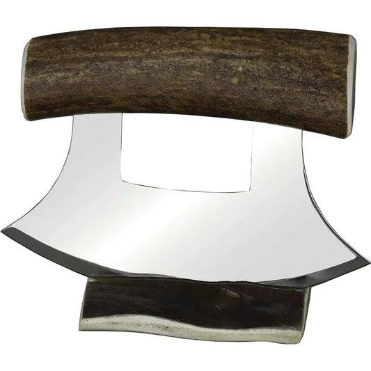 B Merry Ulu Caribou Antler Ulu Knife With 5.75in Mirror Stainless Blade And Stand For Outdoor Enthusiasts by B Merry