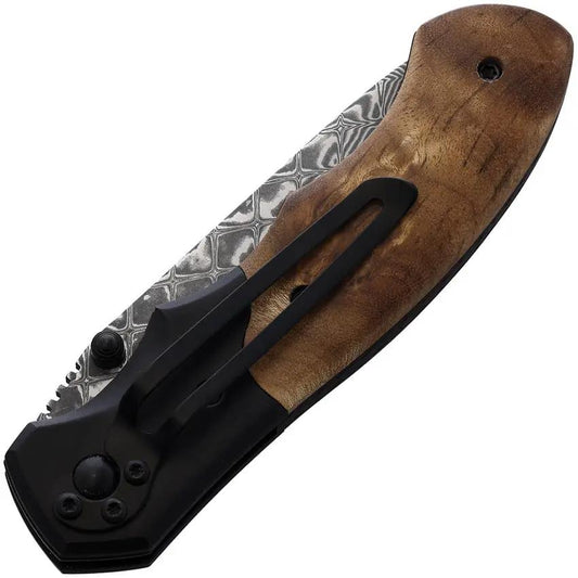 BucknBear Army Linerlock Knife Damascus Blade Burl Wood Handle Premium EDC Enthusiasts For Collectors by BucknBear