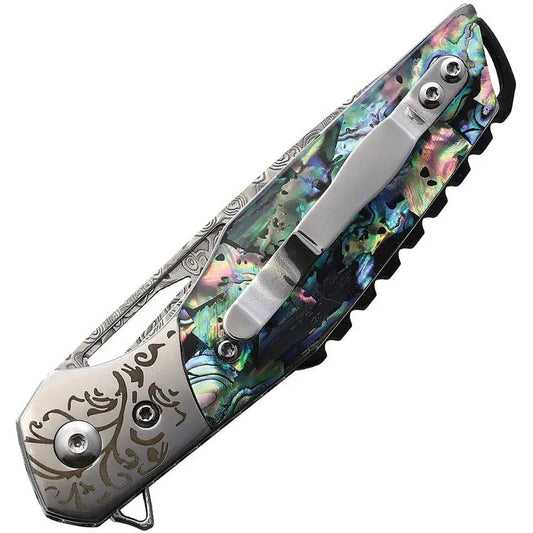 BucknBear Abalone Linerlock Folding Knife With Premium Damascus Steel Blade For Collectors by BucknBear