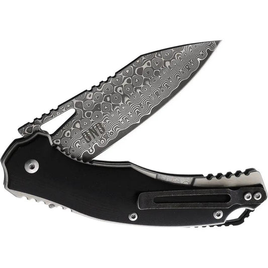 BucknBear Black Panther Liner Lock Knife Damascus Blade 3.5in 4.75in Closed Black G10 EDC by BucknBear