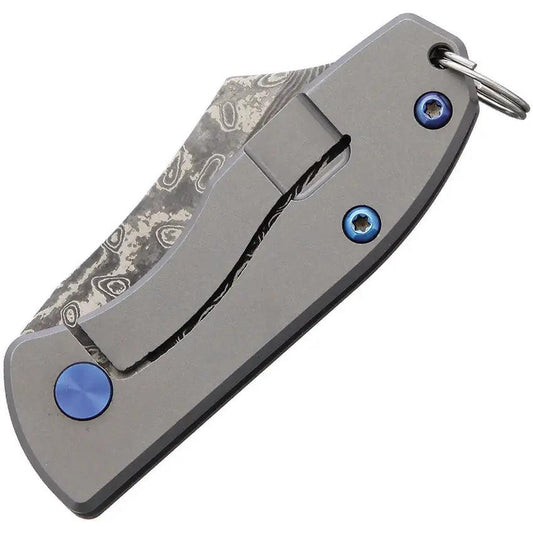 BucknBear Mini EDC Framelock Knife Damascus Sheepsfoot Blade 1.75in Gray Titanium Handle For EDC Enthusiasts by BucknBear