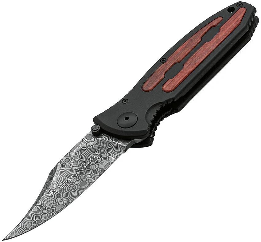 Boker Kalashnikov Linerlock Damascus Knife 3.75in Clip Point With Ironwood Onlay For EDC Enthusiasts Collector Box by Boker