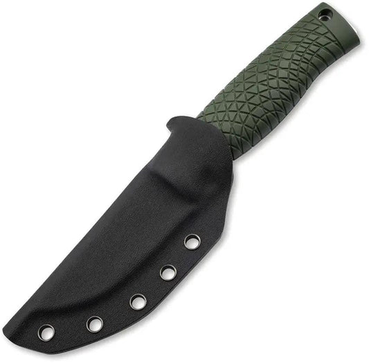 Boker Bronco Mini Fixed Blade Knife CPM3V Scandi Grind 3.5in Blade Green TPE Handle Kydex Sheath For EDC by Boker