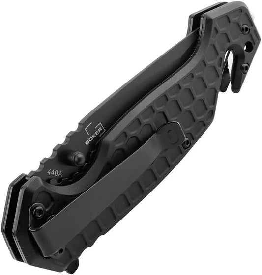 Donges Basic Tactical Linerlock - Black Aluminum Handle Partially Serrated 440A Tanto Blade Glass Breaker Belt Cutter by Donges