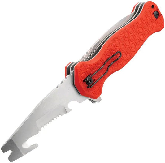 Donges Expert Linerlock Fire 01DG007 - D2 Satin 4in Blade, Partial Serrations, Red G10 Handle, Belt Cutter by Donges
