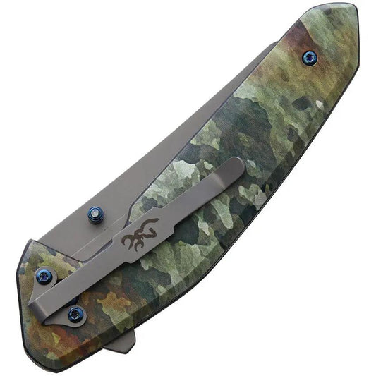 Browning TDX Linerlock Folding Knife 3.5 Inch Gray Titanium Blade Rugged Camouflage Handle For Hunters by Browning
