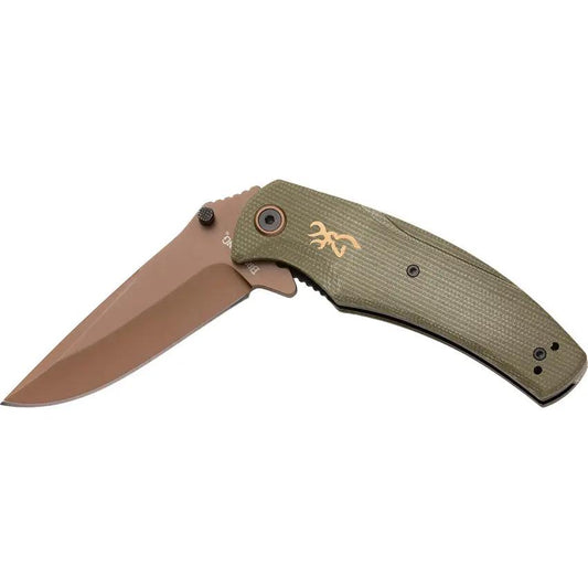 Browning Trailside Linerlock Knife Bronze Titanium D2 Blade Green Micarta EDC Carry by Browning