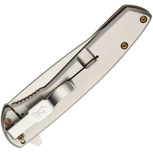 Browning Nine Mile Framelock Assisted Opening Knife Burl Wood Handle Premium Satin 2.75In Blade For EDC Enthusiasts by Browning