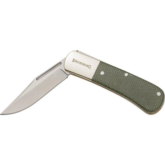 Browning Steambank Folder Knife 2.5Inch Satin Clip Point 12C27 Sandvik Stainless Green Canvas Micarta Handle EDC by Browning
