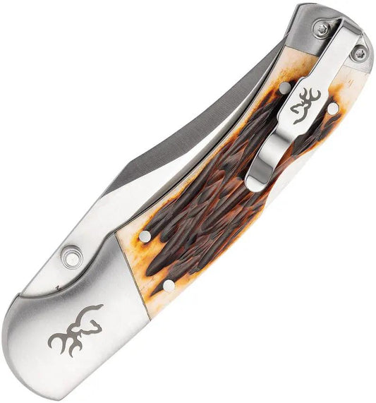 Browning Lockback Knife With Jigged Bone Handle Satin Clip Point Blade EDC Ready by Browning