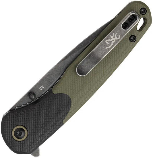 Browning Cedar Linerlock Knife Rugged D2 Drop Point Blade Black OD Green G10 Pocket Clip EDC by Browning