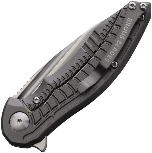 Brous Blades Bionic 3.0 Framelock Satin D2 Blade 3 Inch Gray Titanium Handle Limited Serialized EDC Knife by Brous Blades