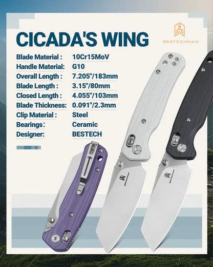 Bestech Knives Cicada Wing B Lock White BMK06L Elite EDC Companion With Satin 10Cr15CoMoV Blade by Bestech Knives
