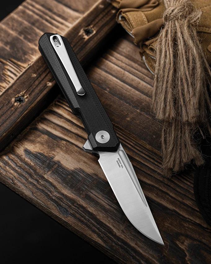Bestechman Mini Dundee BMK08A EDC Knife With 3 Inch D2 Blade Stonewash Satin Finish Black G10 Handle Slip Joint by Bestech Knives
