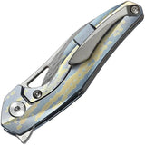Bestech Knives The Reticulan Framelock Damascus Blade Blue And Gold Anodized Titanium Handle Collaboration Isham EDC by Bestech Knives