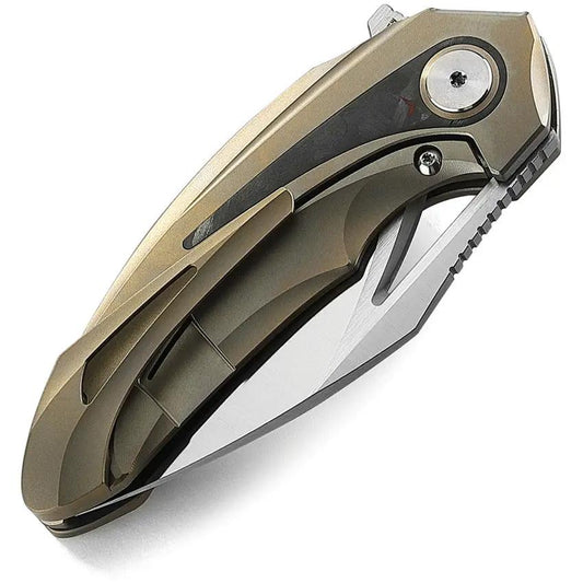 Bestech Nuke Framelock EDC Knife Bronze Titanium Handle With Marble Carbon Fiber Inlay M390 Satin Blade Premium Build by Bestech Knives