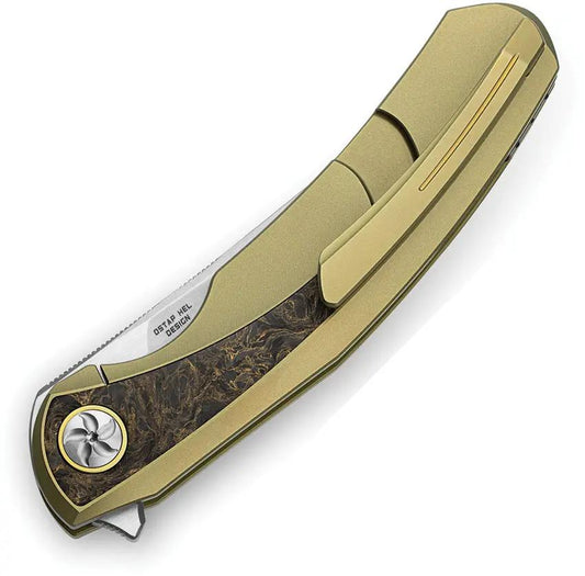 Bestech Knives Sambac Framelock MCut BT2402A EDC Knife With Gold Titanium Handle And Dark Matter CF Inlay by Bestech Knives