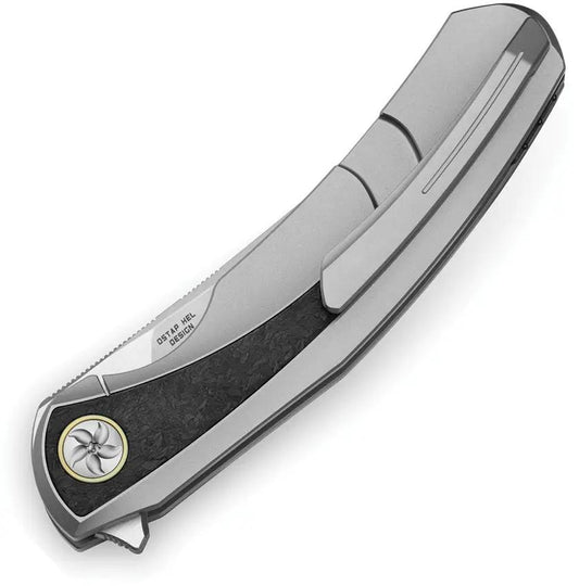 Bestech Sambac Framelock M-Cut BT2402C EDC Knife With Trailing Point Blade And Titanium Marble Carbon Fiber Inlay by Bestech Knives
