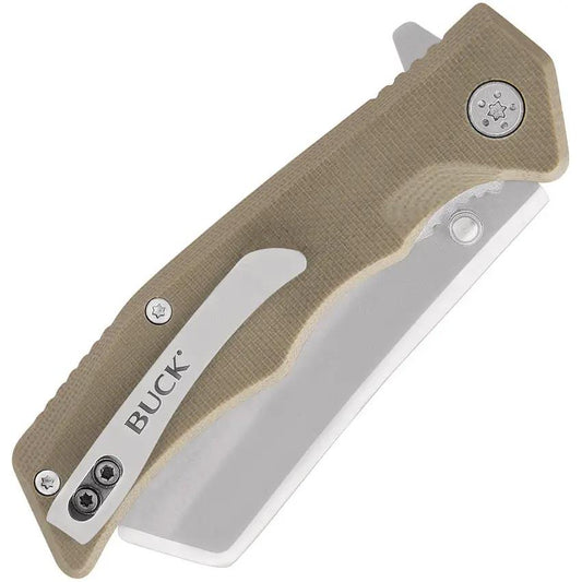 Buck Trunk Linerlock 13046 Knife 2.88 Satin Cleaver Blade 4 Inch Closed Tan G10 Handle Extended Tang Pocket Clip For EDC by Buck