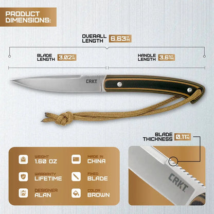 CRKT Biwa Fixed Blade Knife Rugged 3In Satin 8Cr13MoV Blade Full Tang G10 Outdoors EDC by CRKT
